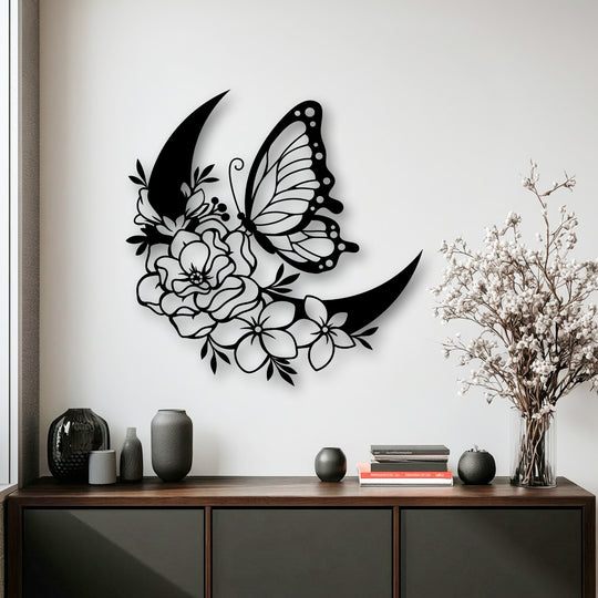 Presenting a captivating abstract silhouette of a butterfly and floral crescent moon, this metal decoration wall art offers a unique, stylized charm.
