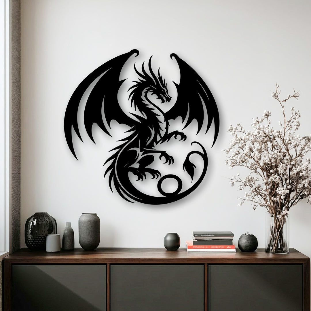 The stillness of the majestic dragon with its spread wings, rendered as striking metal art for wall, creates a captivating focal point in the room.