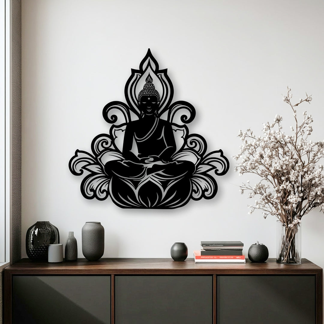 The flowing, intricate design of the unique metal wall art Buddha lotus silhouette suggests serene, spiritual movement.