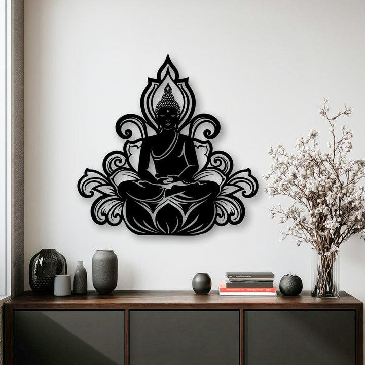 The flowing, intricate design of the unique metal wall art Buddha lotus silhouette suggests serene, spiritual movement.