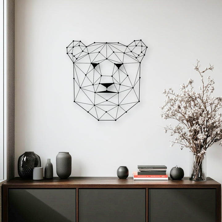 The stillness of a contemporary interior is captured by a striking geometric bear face metal artwork, enhancing modern animal decor.
