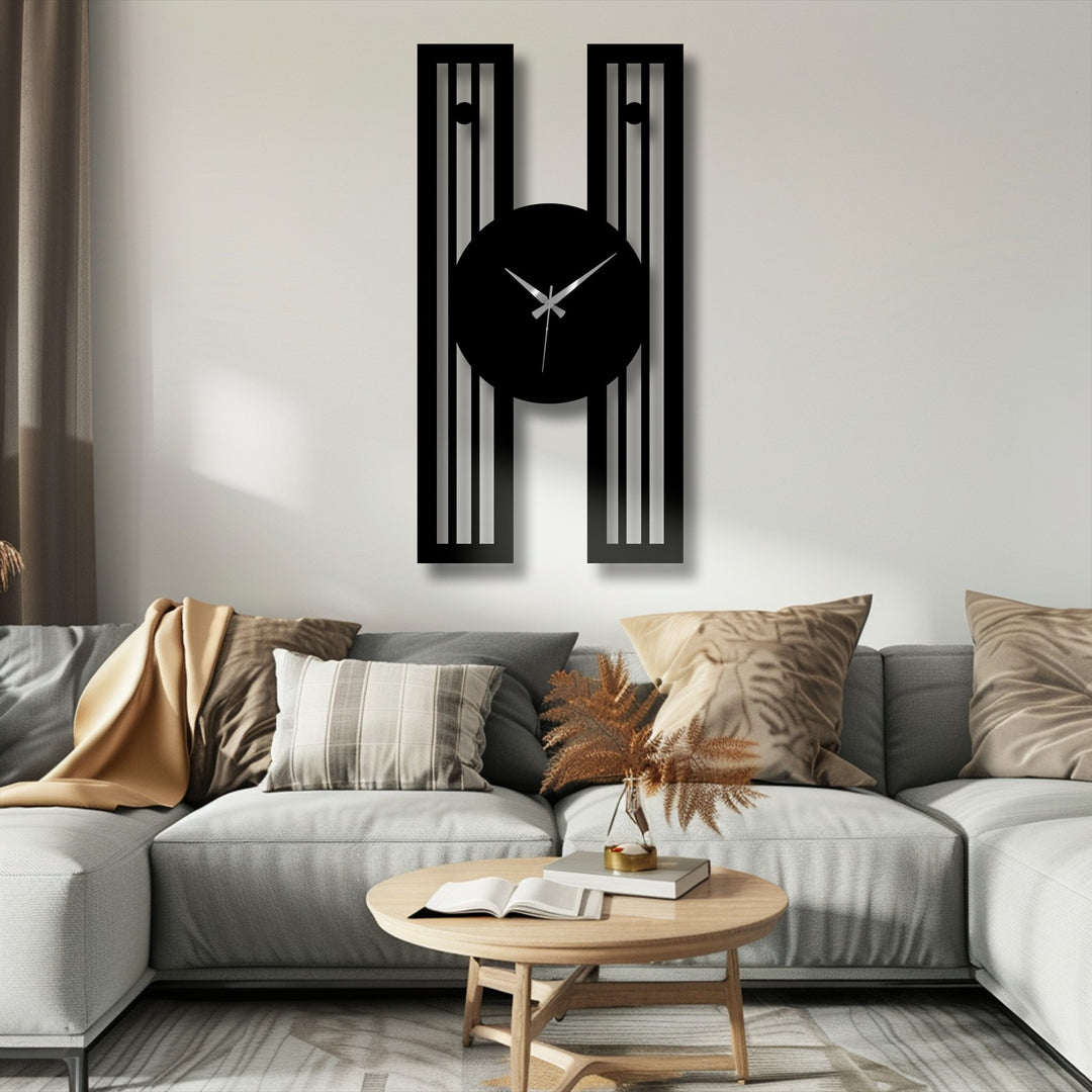 Modern vertical metal art for wall creates a striking focal point with its geometric frame and gold hands.