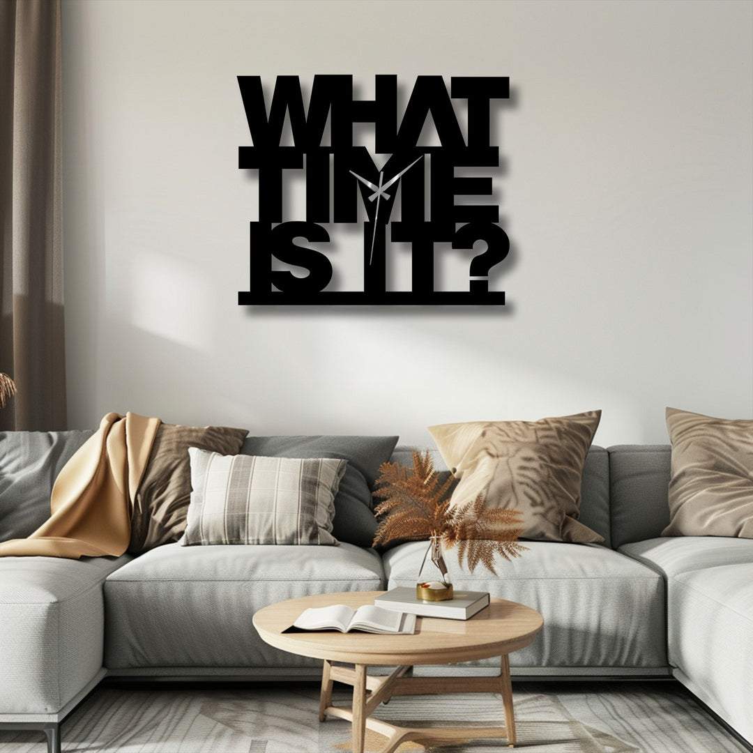 Square-shaped decorative metal art featuring a 'What Time Is It' wall clock with a bold text design, presented in a horizontal orientation.