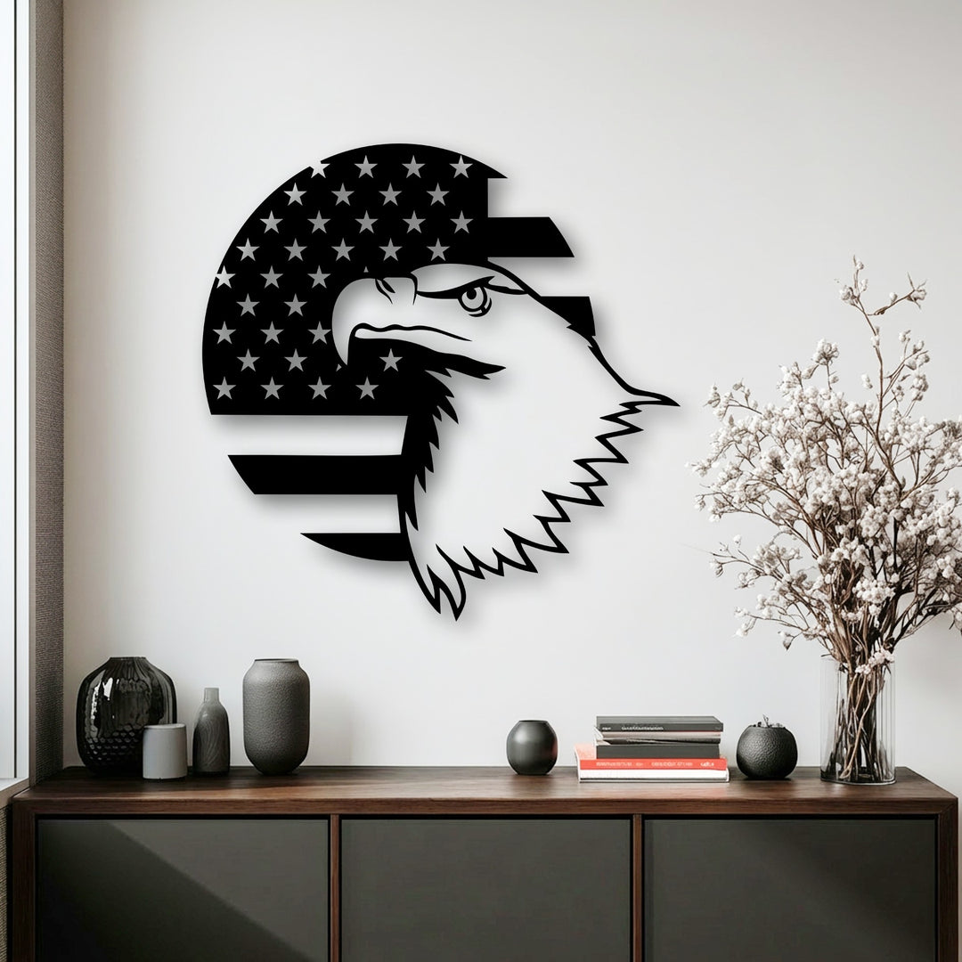 Horizontally oriented, this bold decoration wall art features a distinctive American eagle emblem silhouetted against a fragmented flag design.