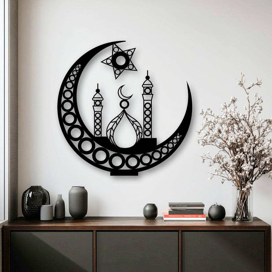The elegant black metal artwork featuring a stylized crescent moon, mosque, and star is prominently displayed on a white wall.