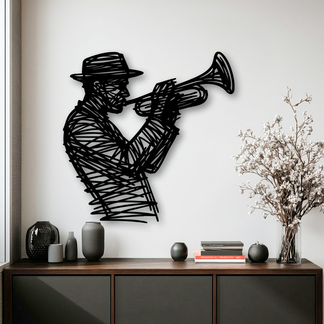 Geometric abstract lines intricately form a jazz trumpet player silhouette, creating unique metal art for wall decor.