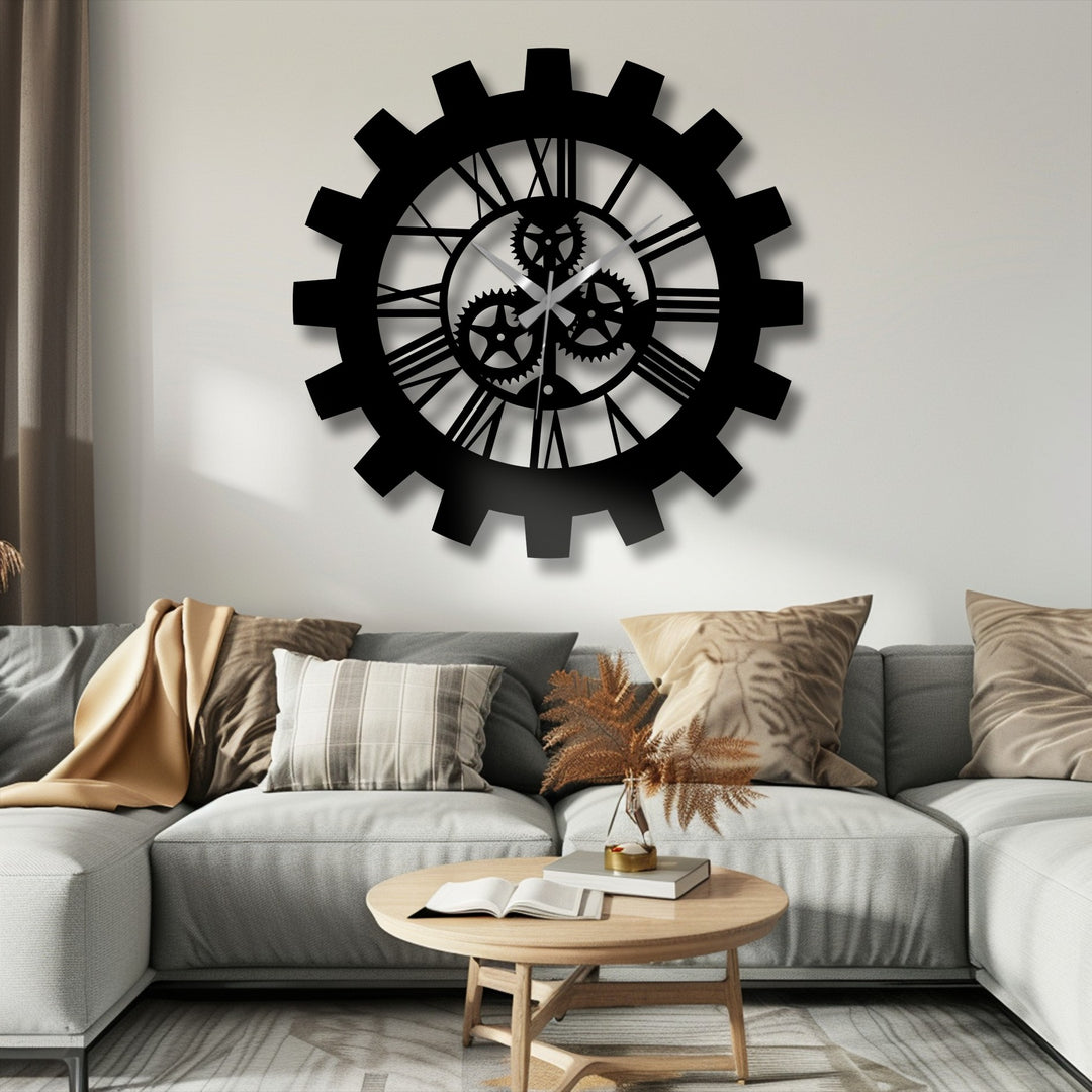 Subtle light and shadow define the intricate gear designs of this industrial metal wall clock, an impressive example of modern metal wall decor.