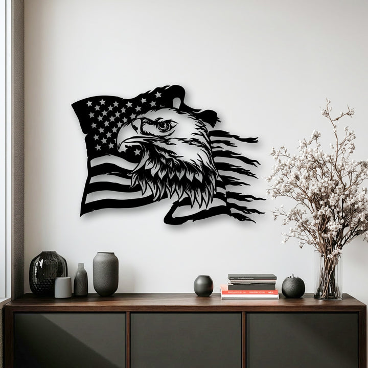 The sleek, dark metallic texture of the eagle and American flag decoration wall art stands out against the smooth wall.