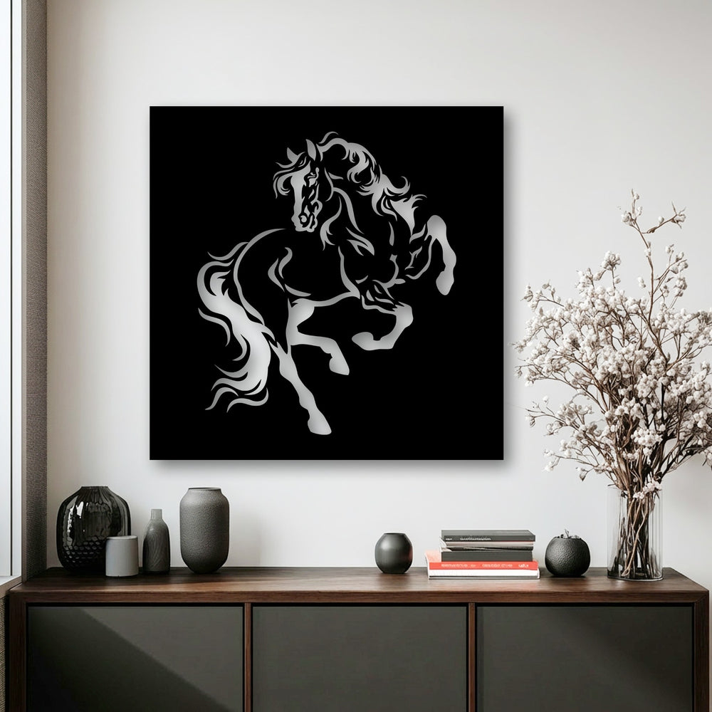 The stillness of a captivating rearing horse silhouette metal artwork is beautifully poised, adding elegant equestrian decor to the modern room.