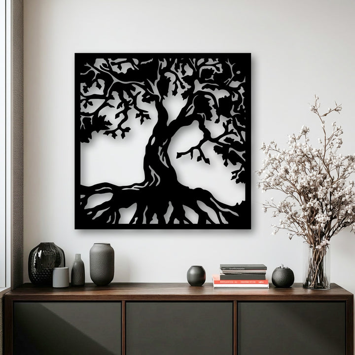 The overall cool color temperature beautifully frames the striking black tree silhouette metal wall art, perfect for modern decoration wall art.