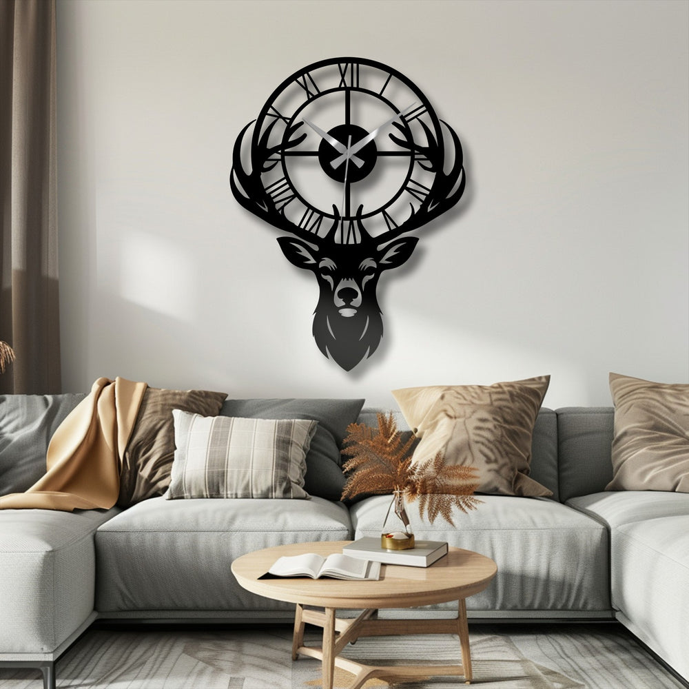 Defined by its bold border, this decorative metal art clock presents a majestic deer and rustic Roman numerals within its sharp-edged silhouette.