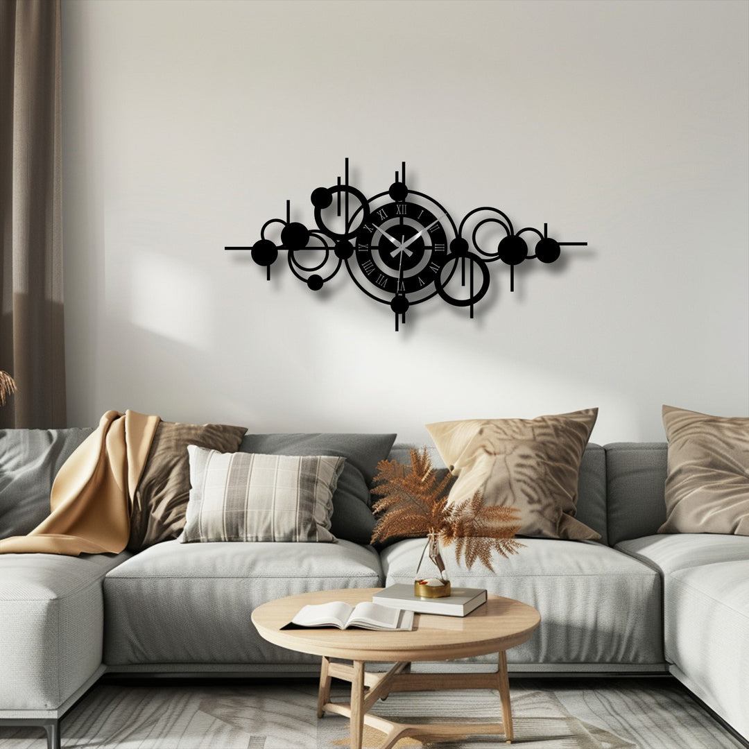 Echoing through the metal art for wall clock, the organic forms blend with geometric shapes, creating an abstract circle orbit design with modern wall decor.