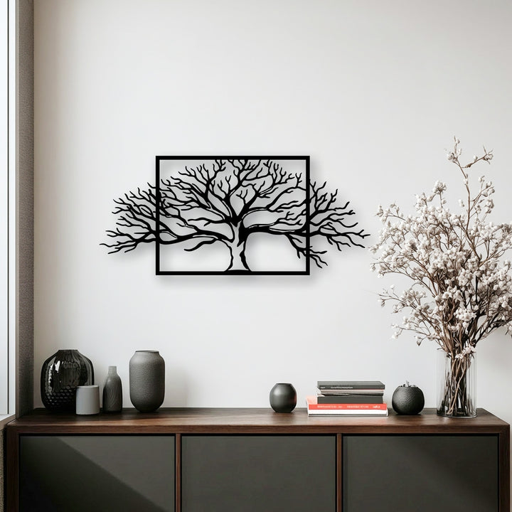 The robust black metal artwork is expertly crafted, showcasing a detailed framed tree metal wall art design.