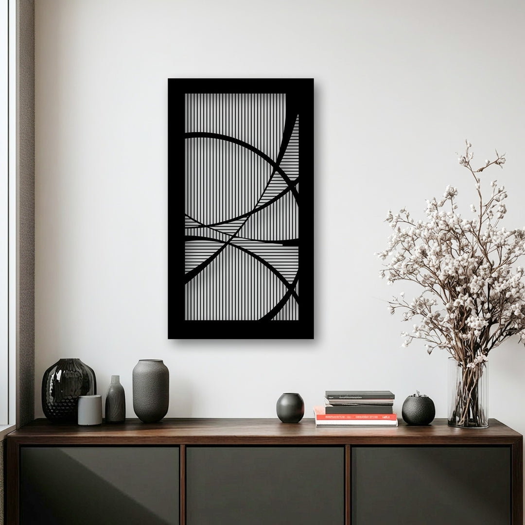 A striking modern abstract geometric metal art for wall showcasing a harmonious composition of white lines and bold black curves.