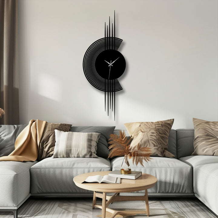 The darkest area of the modern arc line metal wall clock highlights the sleek decoration wall art, showing its minimal vertical design against the light wall.