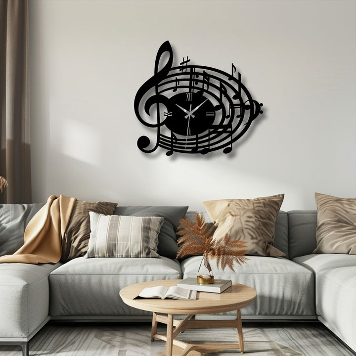 Flowing organically, the treble clef in this musical notes metal art for wall clock creates a visually rhythmic design.