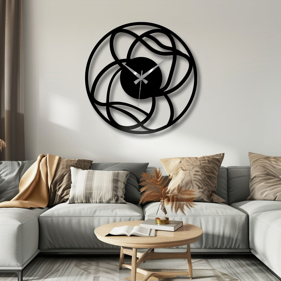 The matte black finish highlights the interwoven design of this modern abstract metal art for wall clock, creating a striking geometric decorative timepiece.