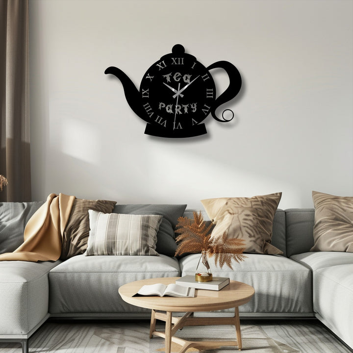 The focal point is the teapot-shaped metal wall clock showcasing vintage style design, making it a charming piece of metal artwork perfect for adding character to any room.