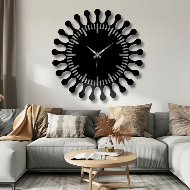 Layers of depth highlight the sunburst design of this modern metal art for wall clock, creating a dramatic shadow and focal point in the room.