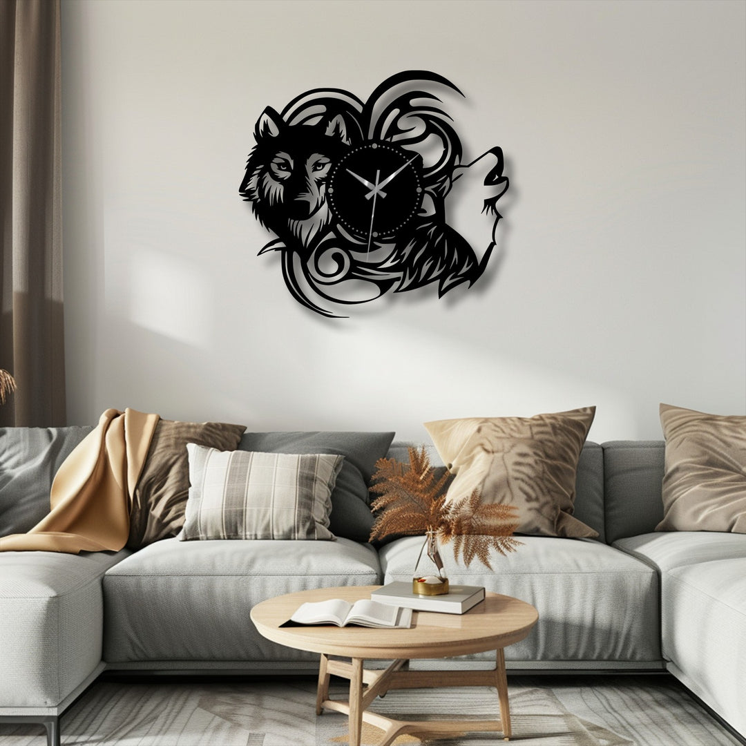The focal point of this mystic wolf silhouette metal wall clock showcases intricate tribal animal metal artwork, merging art and functionality with a modern design.