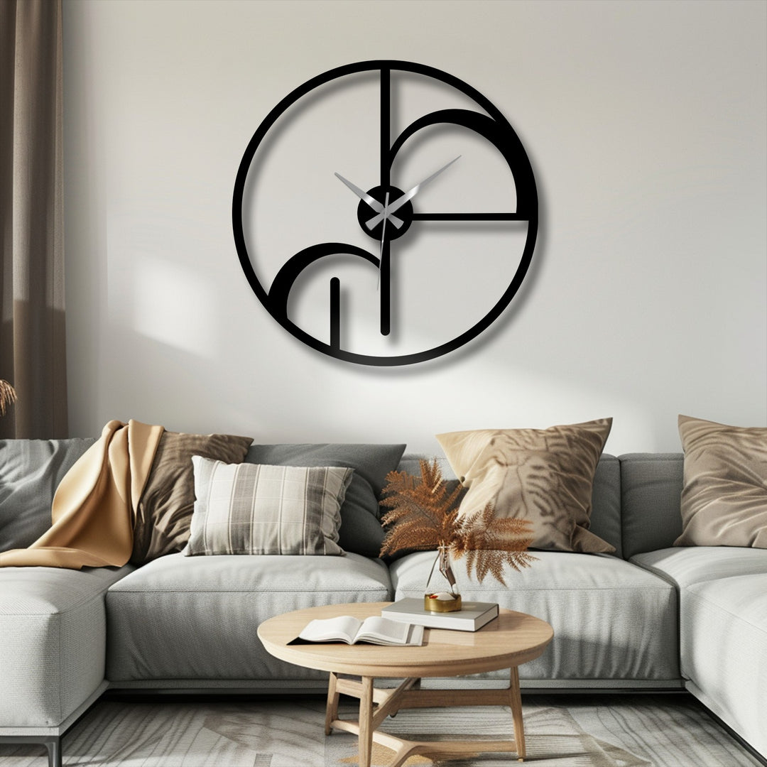 Surface texture highlights the smooth, matte finish of this striking, decorative metal art geometric circle wall clock.