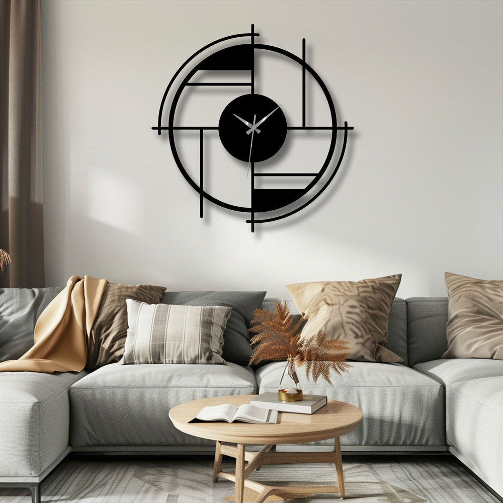 Showing the depth and layers of this geometric circle metal wall clock, the modern abstract line design creates captivating metal art for wall.
