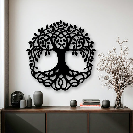 The realistic detail of the Celtic Tree of Life metal art for wall showcases intricately woven branches and roots with stunning clarity.