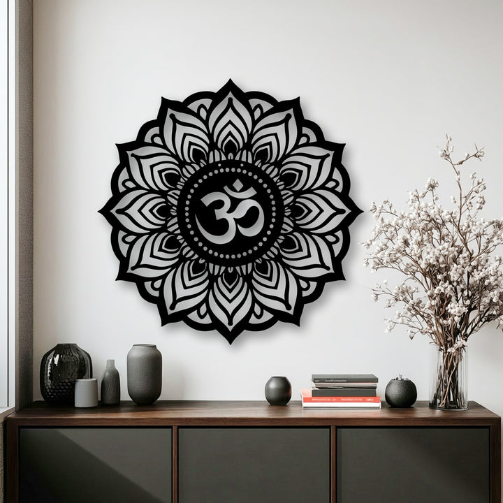 The focal point showcases a stunning Sacred Om Mandala spiritual lotus decorative metal art hanging on a clean white wall, radiating tranquility.