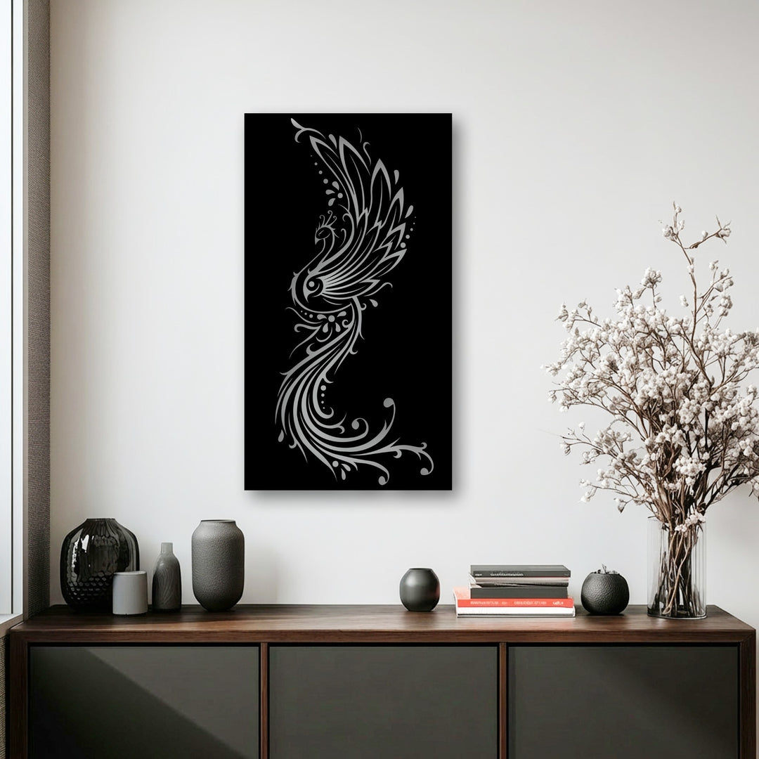 Organic, flowing forms of an elegant phoenix create a stunning ornamental bird metal wall decor against a sleek black background.
