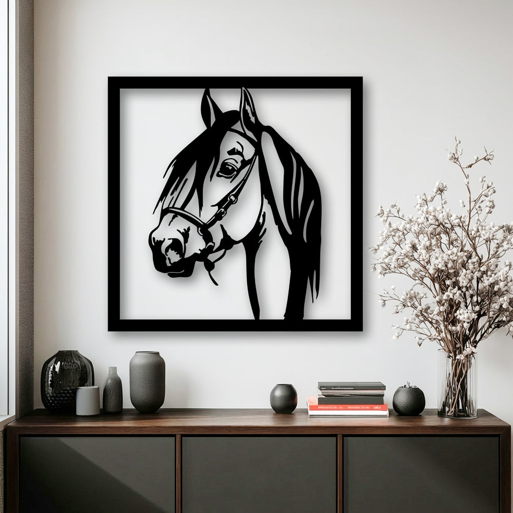 Surface texture highlights the smooth, dark metal artwork of a graceful stallion, contrasting with the rough vases and polished cabinet.