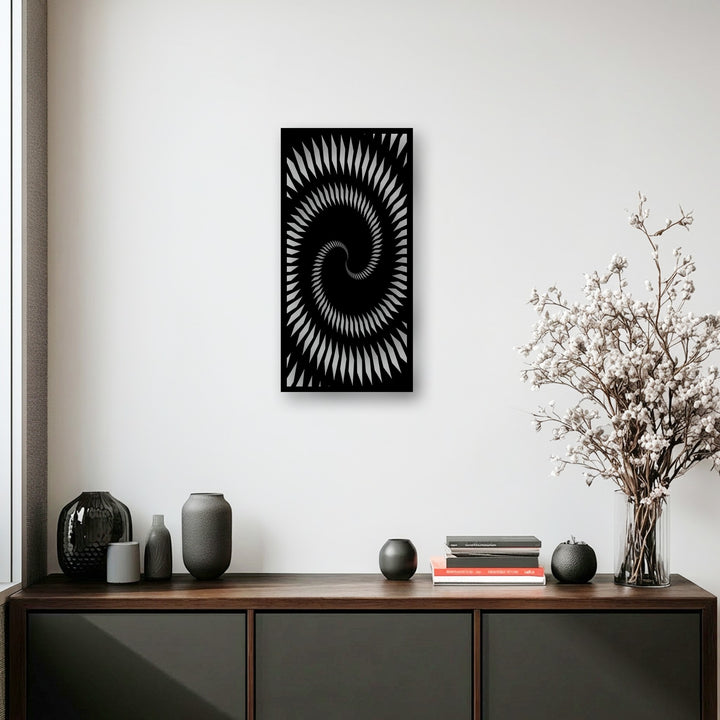 The stillness of the room is elegantly anchored by the hypnotic spiral geometry metal wall art, a captivating decoration wall art piece.