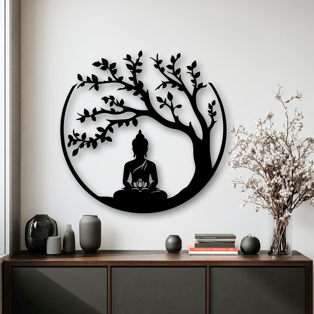 Showcasing the abstract quality, the zen buddha tree metal wall art presents an intriguing silhouette as metal artwork, merging spiritual design elements within a circular form.