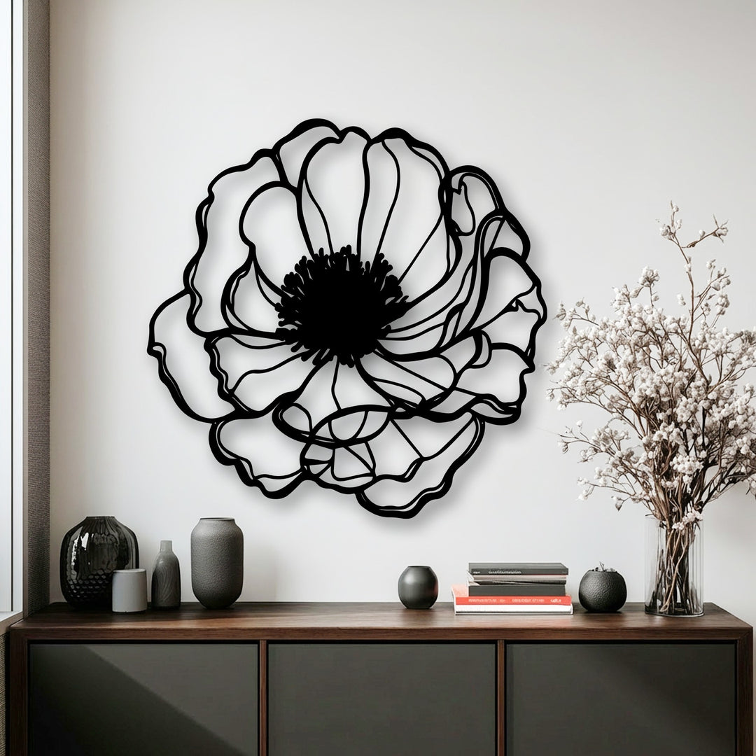 The lifelike detail of this intricate floral metal artwork reveals every elegant petal contour and the distinct flower center.