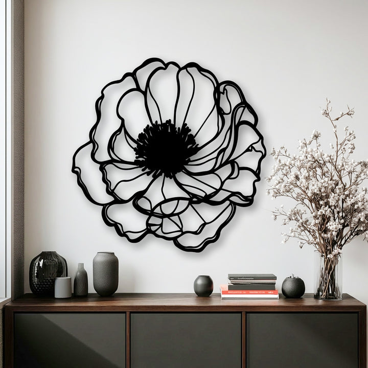 The lifelike detail of this intricate floral metal artwork reveals every elegant petal contour and the distinct flower center.