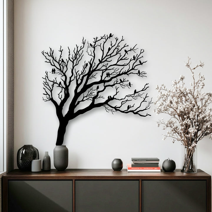 A bright, clean background beautifully showcases the Birds on Bare Tree Branches nature silhouette metal art for wall.