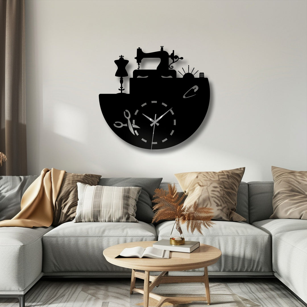 The stillness of the room is accentuated by the elegant sewing atelier metal artwork wall clock, a testament to quiet creativity.