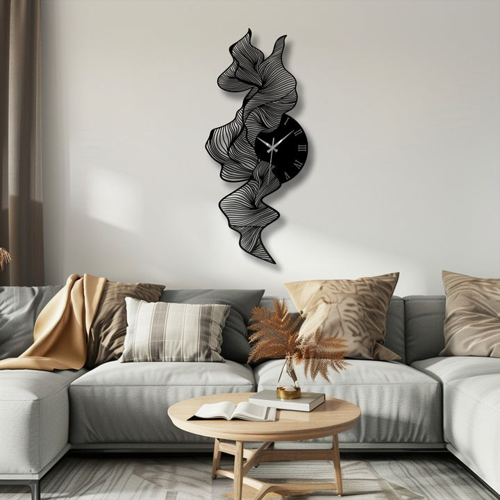 Aesthetically abstract, this unique metal wall art design showcases a flowing wave, transforming a functional clock into a striking piece of modern artistic decor.