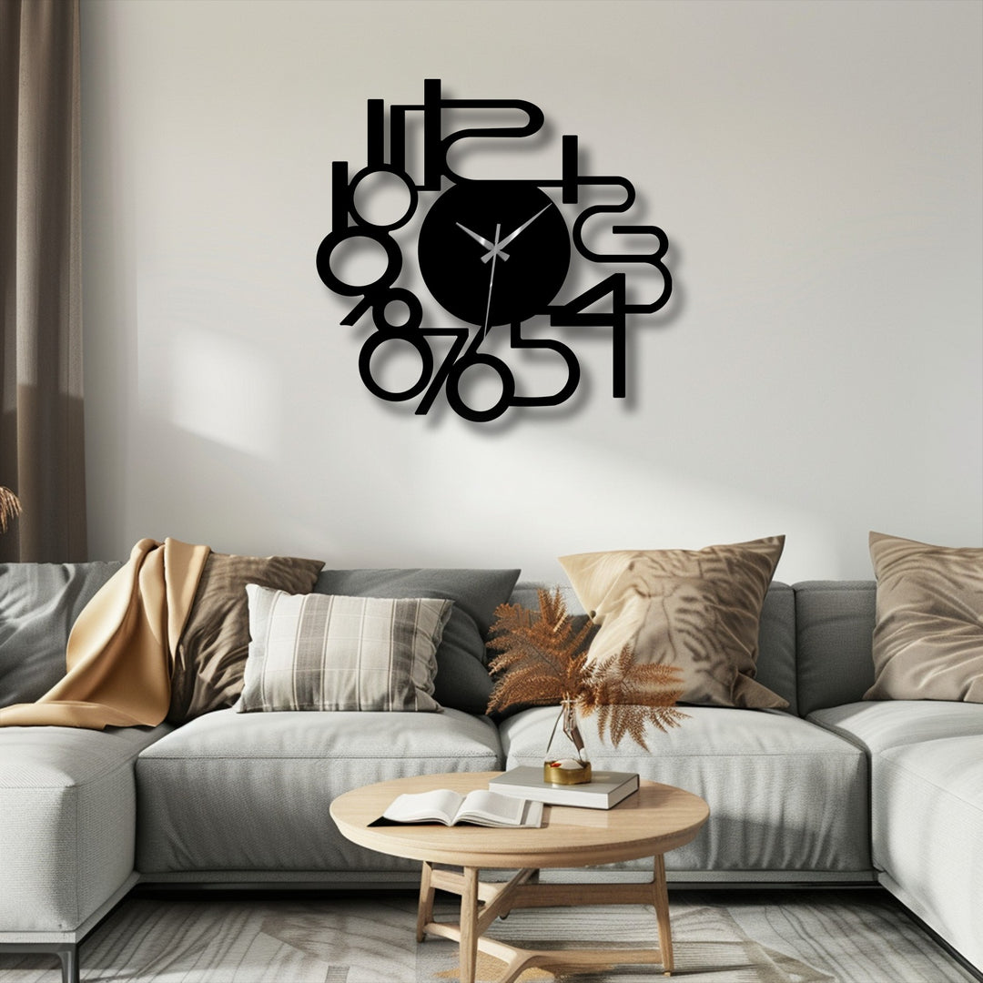 A calm atmosphere emanates from the modern abstract numbers metal wall clock, serving as striking decoration wall art above a plush sofa.