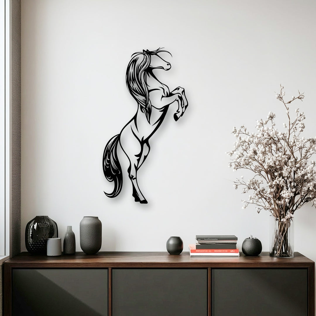 The powerful mood of this dynamic rearing horse metal artwork adds a majestic presence to the stylish interior design.