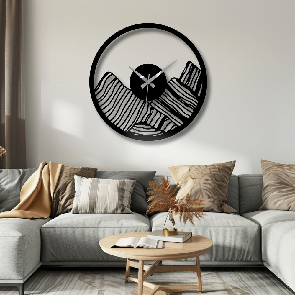 With its overlapping peaks, the modern canyon landscape metal artwork clock demonstrates a captivating layering effect.