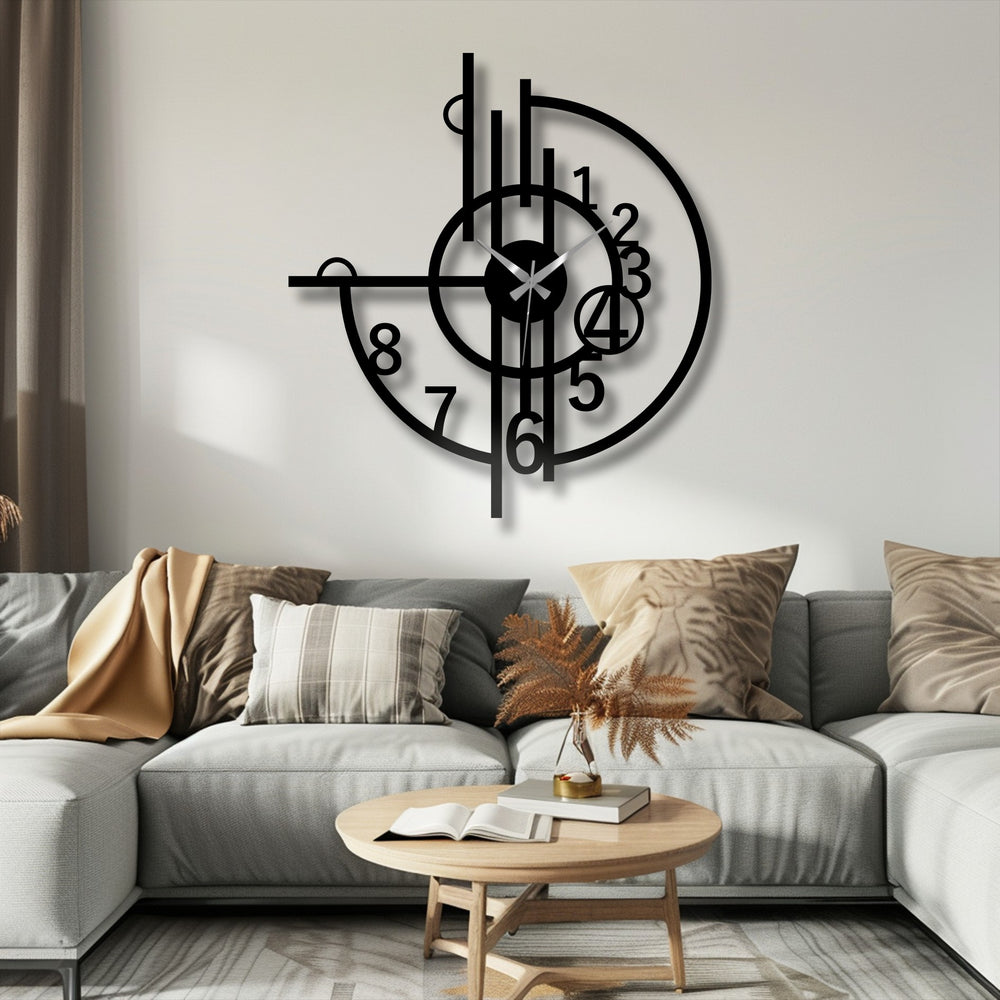 Defined by its sharp edge and borders, this abstract geometric number modern metal wall clock showcases unique metal wall art.