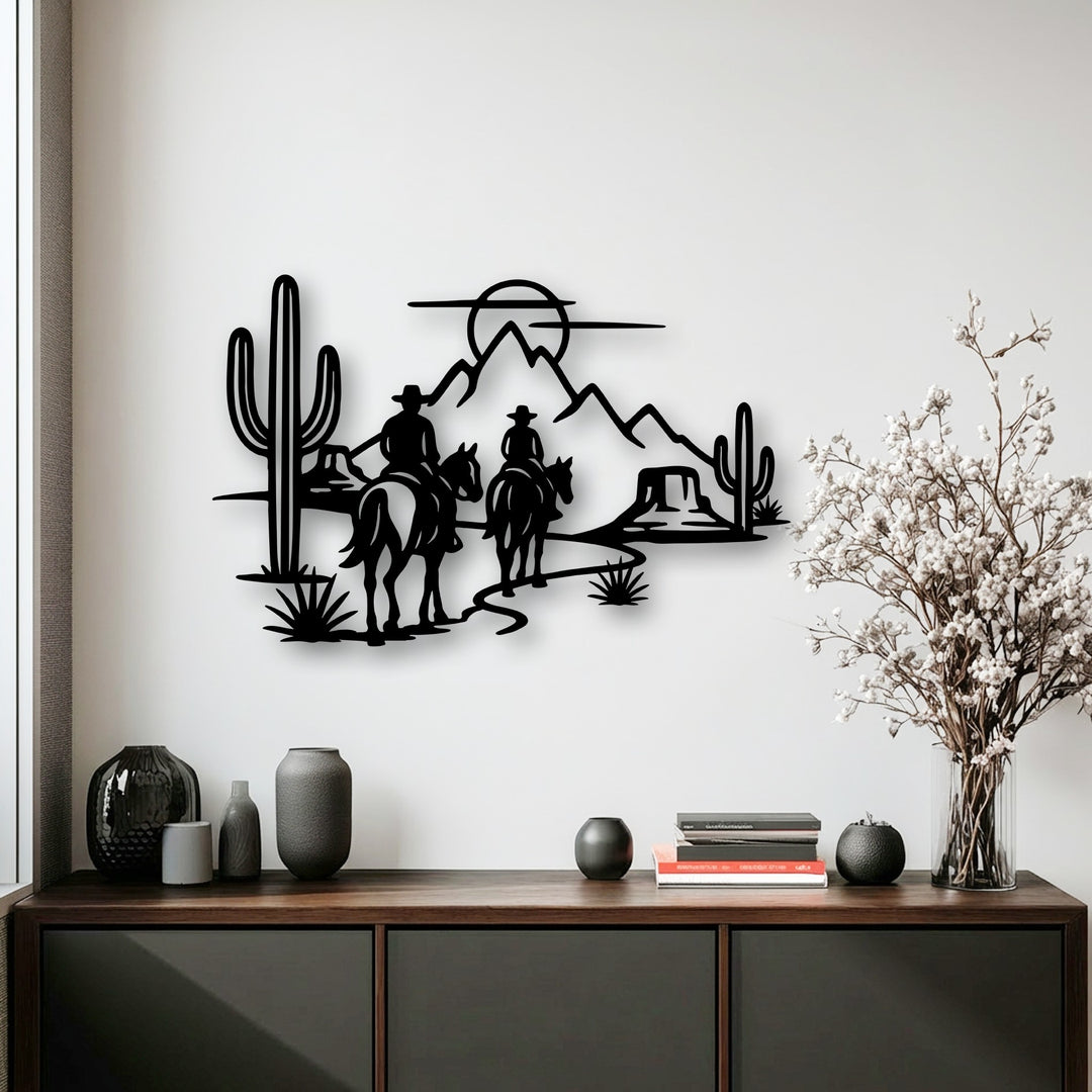The abstract quality of this desert cowboy silhouette decoration wall art perfectly captures a western journey with horses and cacti.