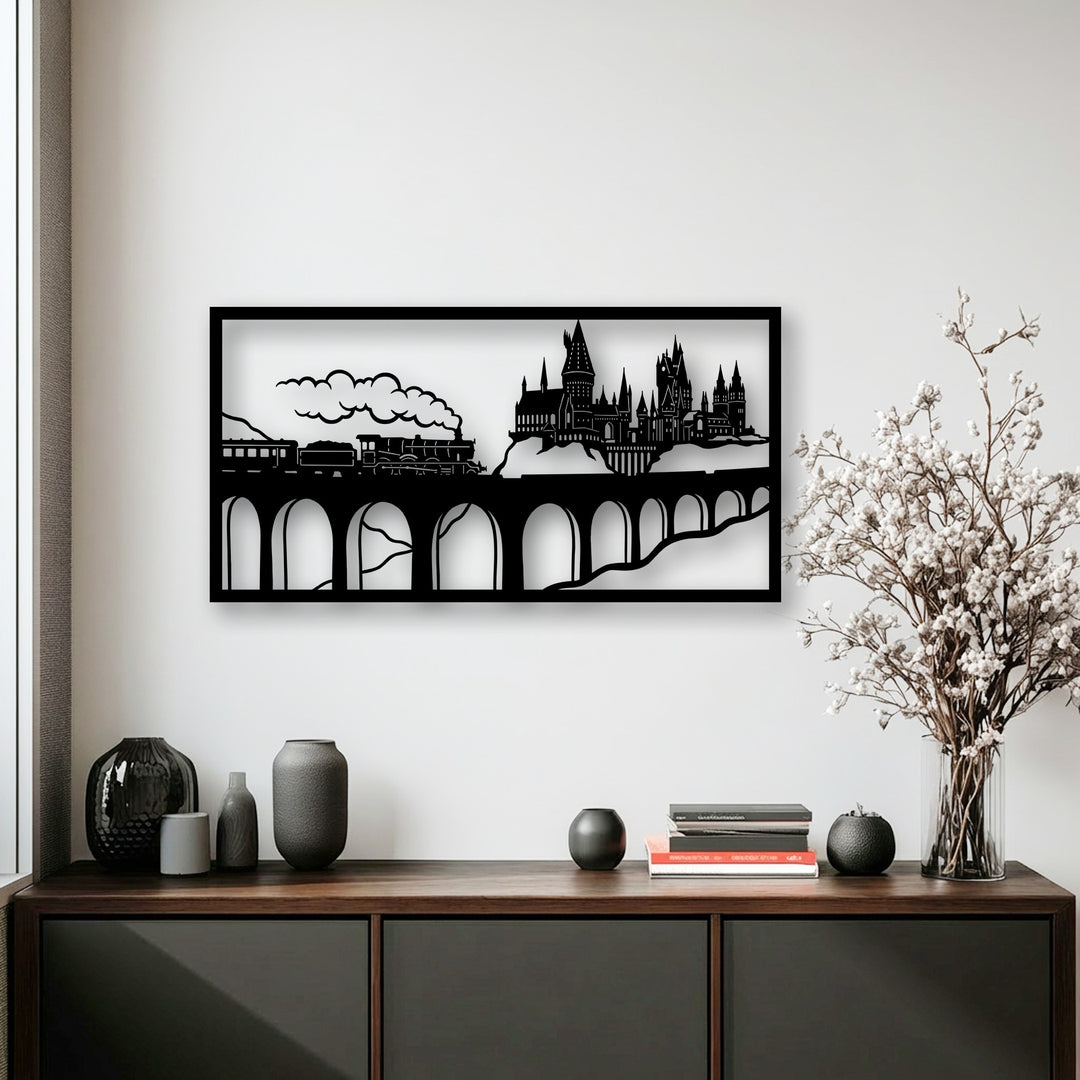 The dramatic transition from the black Wizard Castle Train Scene metal art for wall to the light background emphasizes its intricate silhouette.