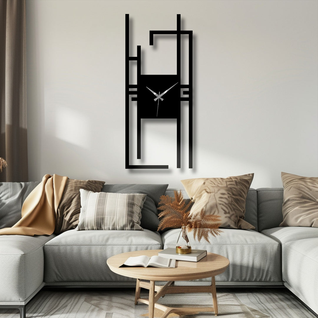Bold, black lines command attention in this vertical abstract metal wall clock, a striking piece of decorative metal art featuring a unique geometric design.