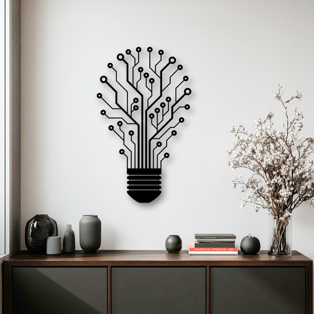 The darkest area prominently displays the innovative Tech Tree Lightbulb metal wall decor, intricately designed as a circuit symbol.