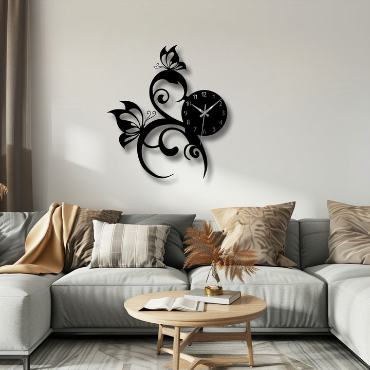 Showcasing superior material quality, this intricate black butterfly vine metal artwork clock features elegant craftsmanship.