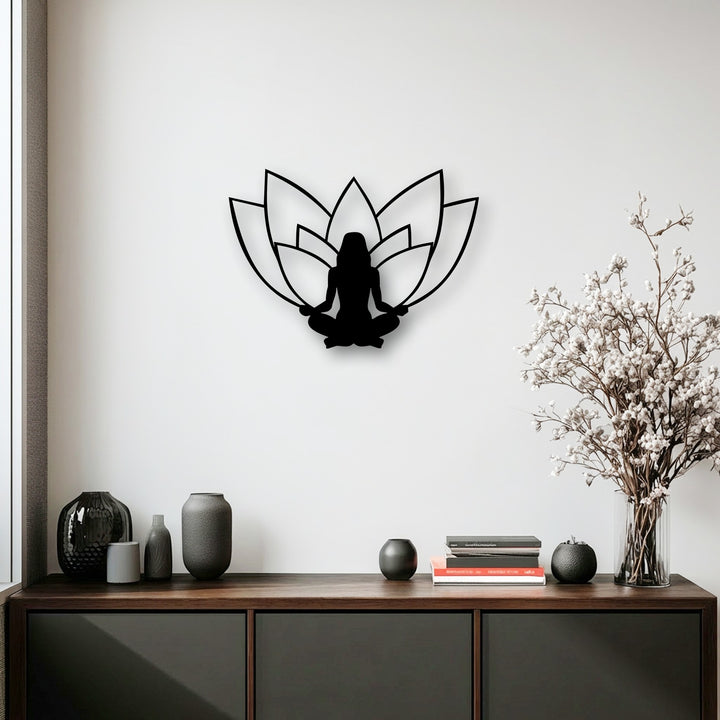 The black lotus meditation silhouette metal decoration wall art features gracefully unfurling petals, subtly conveying an upward, blossoming movement.