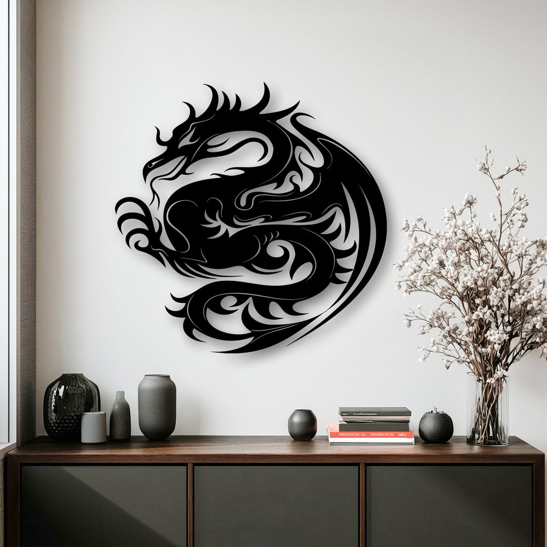 The stillness of a majestic black dragon, unique metal wall art, adds mythical power above a dark cabinet with calm decor.