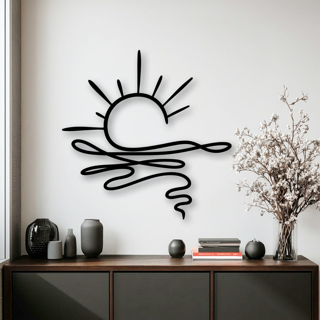 The negative space highlights the crisp white expanse surrounding the abstract metal artwork of a radiant sun rising above serene waves.