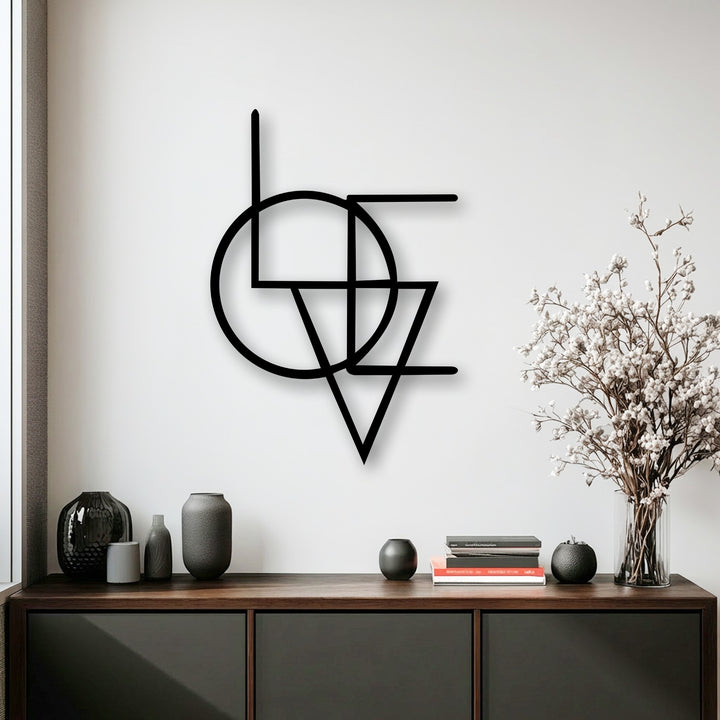 Layered black lines and geometric shapes create an impactful abstract geometry fusion, forming a striking piece of modern minimal decorative metal art.